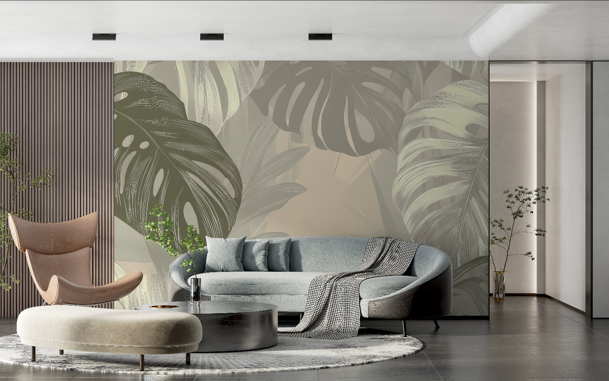 Monstera leaf mural bringing nature indoors in a minimalist entrance hallway