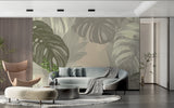Monstera leaf mural bringing nature indoors in a minimalist entrance hallway