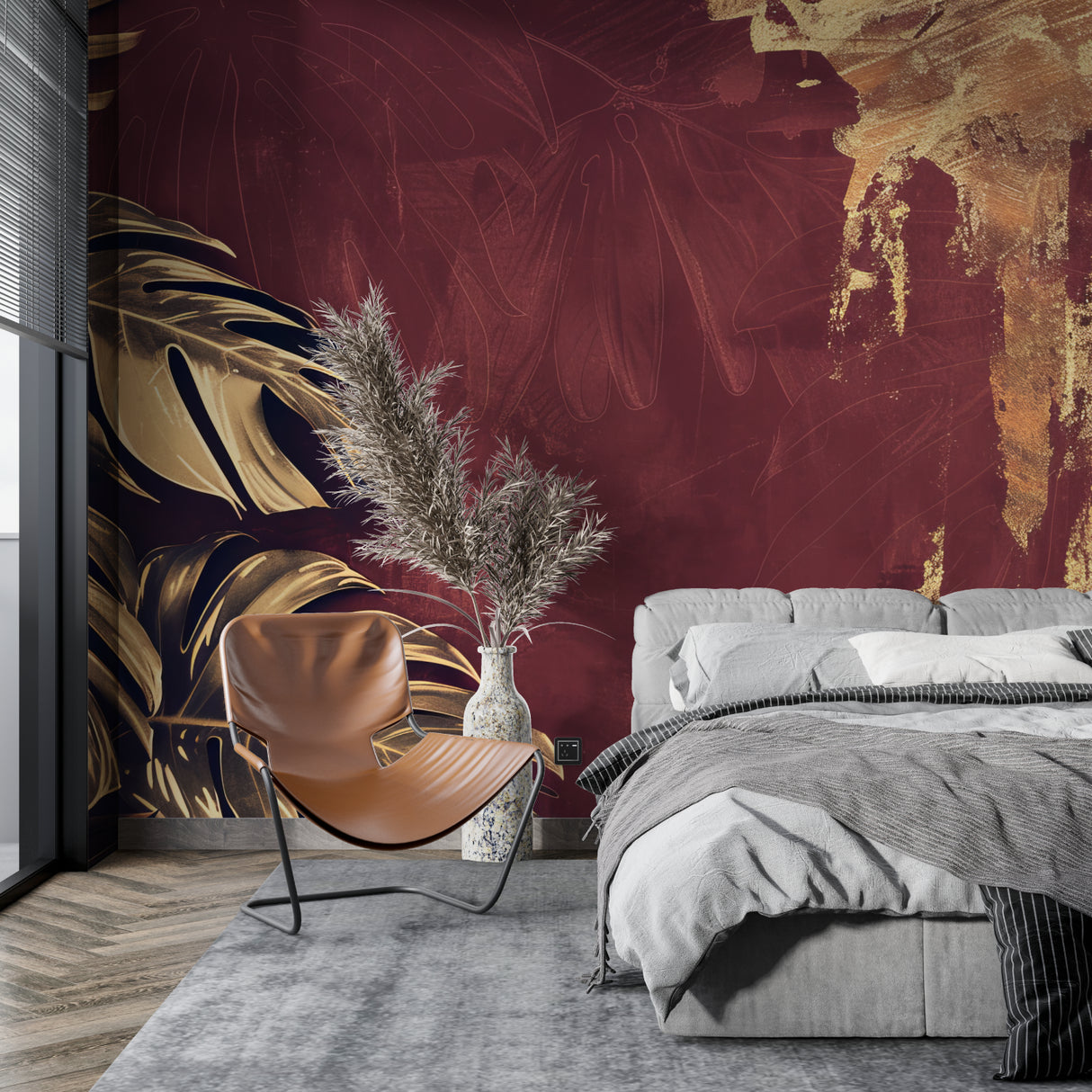 Golden Monstera wallpaper creating warm atmosphere in master bedroom with soft lighting