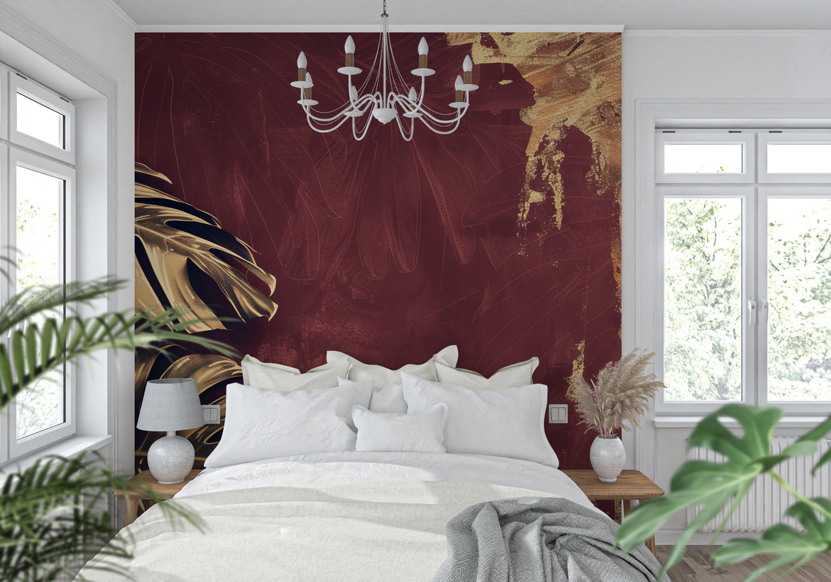 Botanical wall mural with metallic gold leaves in contemporary living room setting