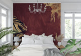 Botanical wall mural with metallic gold leaves in contemporary living room setting