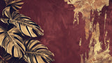 Golden Monstera leaf wallpaper design file showing detailed metallic pattern on burgundy background