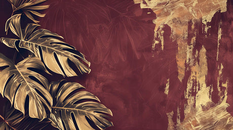 Golden Monstera leaf wallpaper design file showing detailed metallic pattern on burgundy background