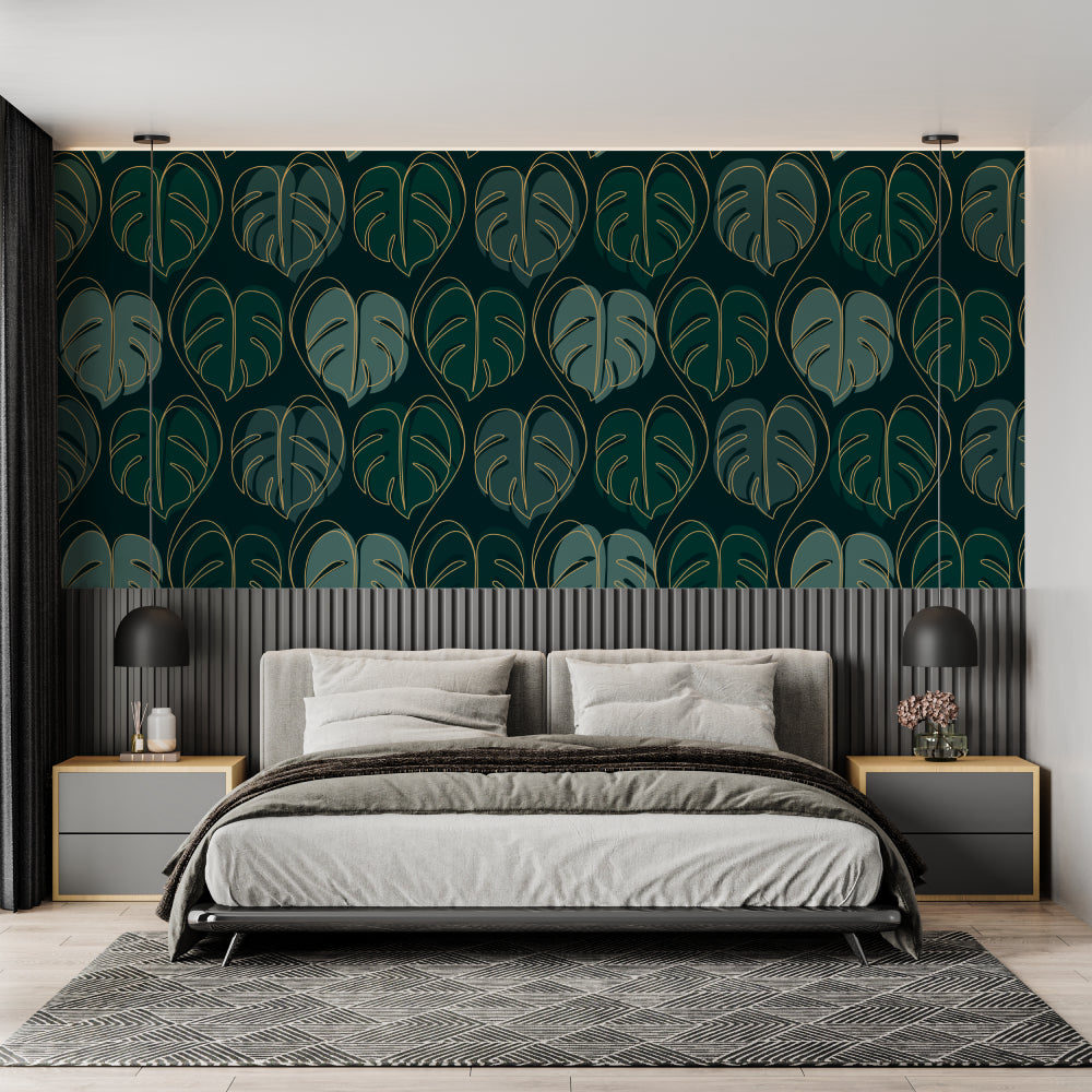 Monstera leaf wallpaper in modern living room showing green and gold pattern catching natural light