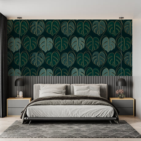 Monstera leaf wallpaper in modern living room showing green and gold pattern catching natural light