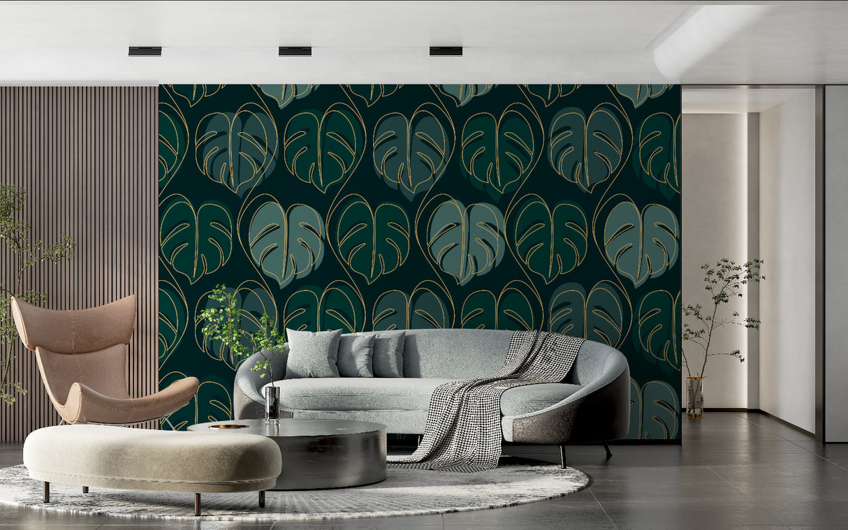 Green and gold monstera wallpaper creating depth in dining room setting