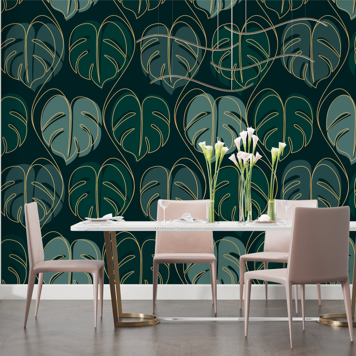 Art deco monstera pattern displayed in home office with afternoon light