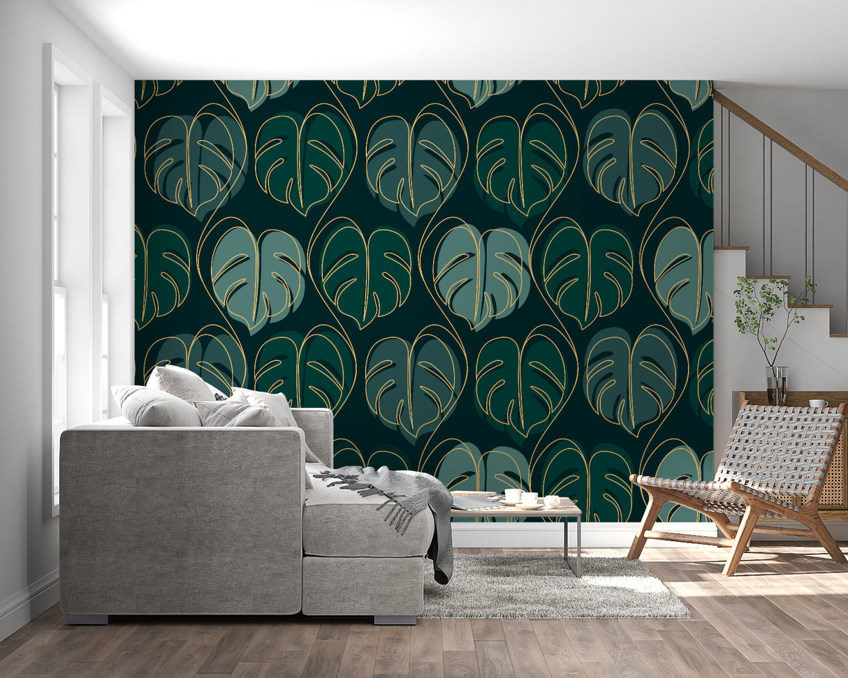 Botanical wall mural featuring monstera leaves in bedroom setting