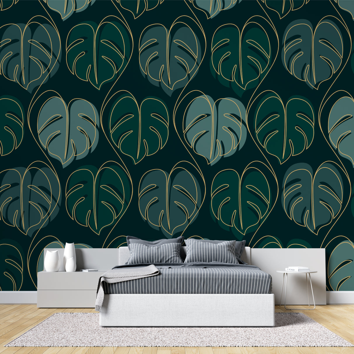 Green and gold leaf pattern adding luxury to entrance hallway