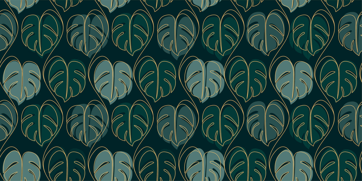 Monstera leaf design file showing detailed gold outline on emerald green background