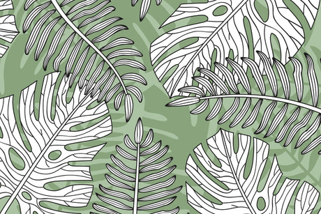Monstera leaf pattern design file showing detailed white line work on sage green background
