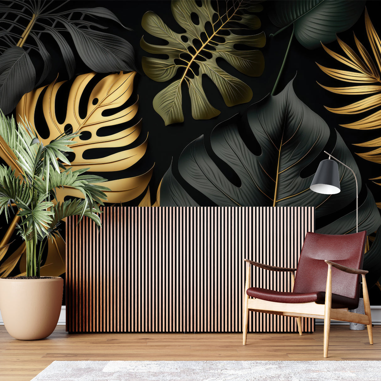 Tropical leaf wallpaper with gold details in master bedroom featuring contemporary furniture