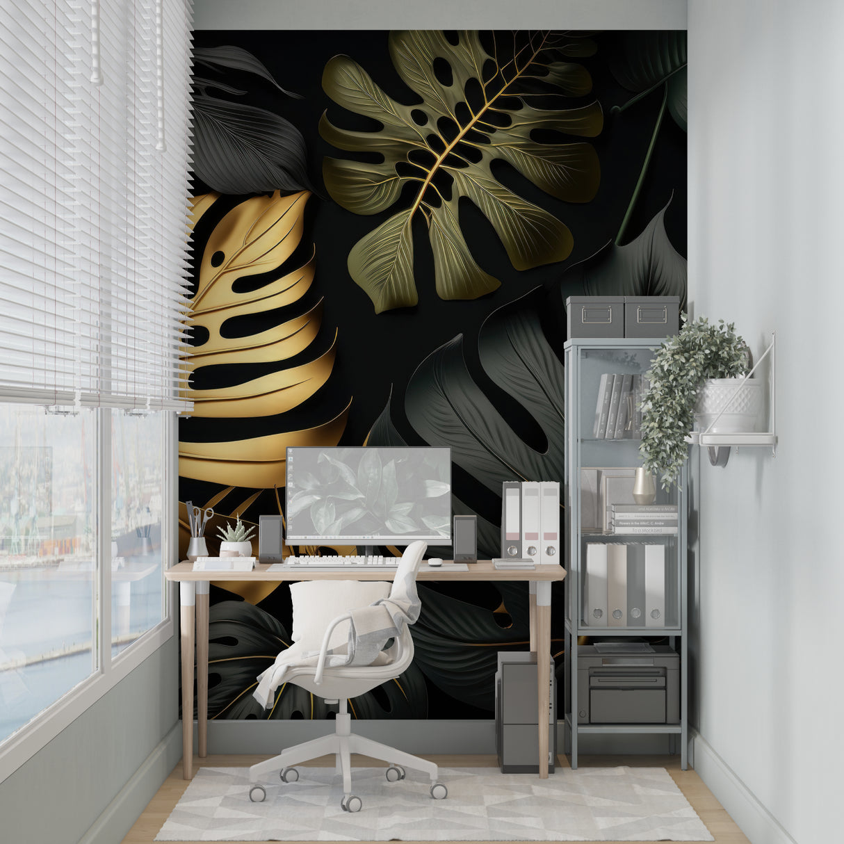 Metallic gold monstera leaf pattern in home office with minimalist desk setup