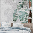 Modern living room with Monstera marble wallpaper creating a fresh botanical atmosphere
