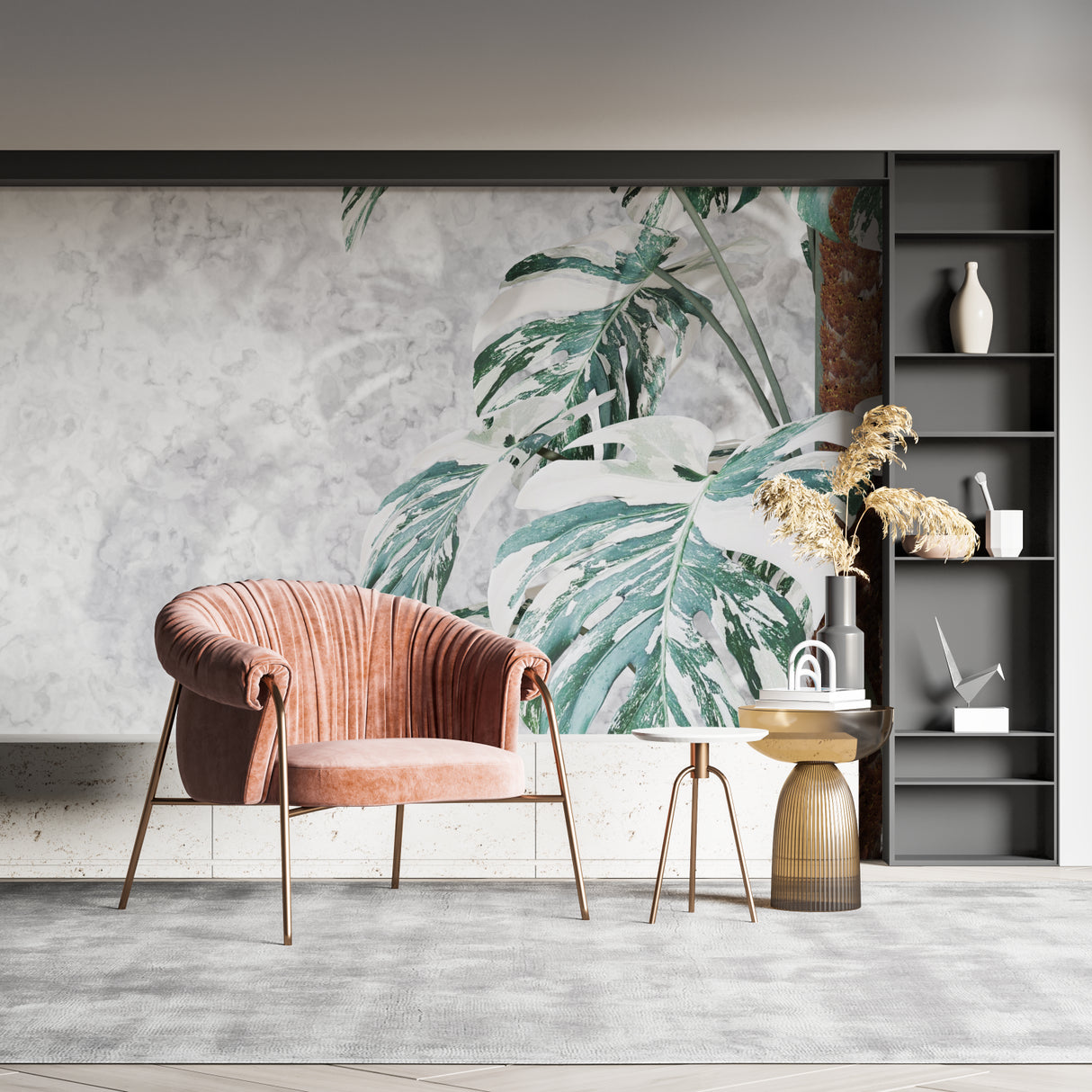 Dining room showcasing green Monstera wallpaper with sophisticated marble details