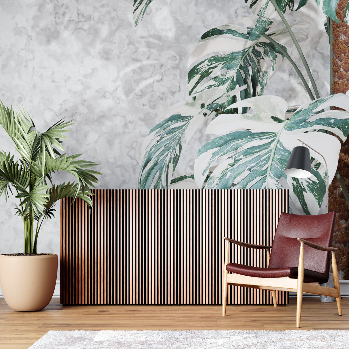 Entryway transformed with luxury Monstera marble wallpaper design
