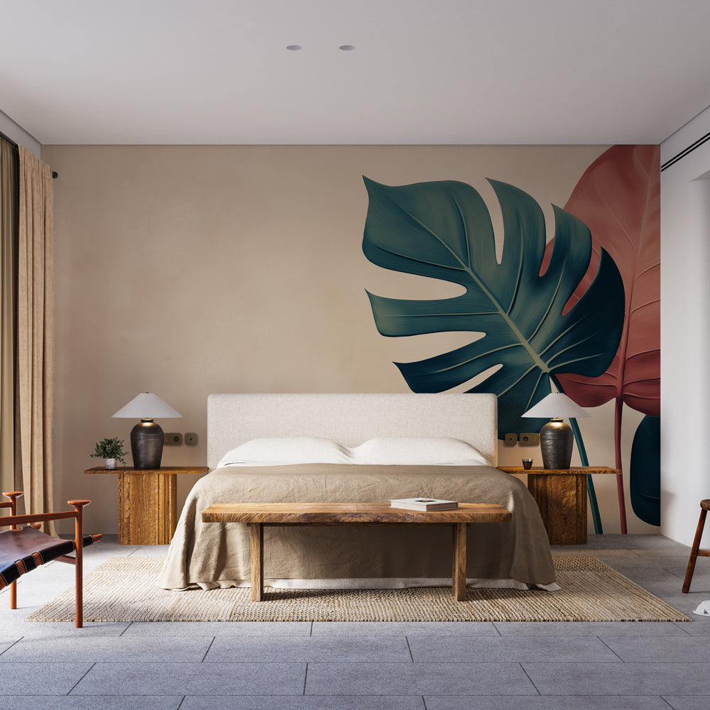 Modern Monstera leaf wallpaper creating a bold statement wall in a bright dining room with minimal furniture