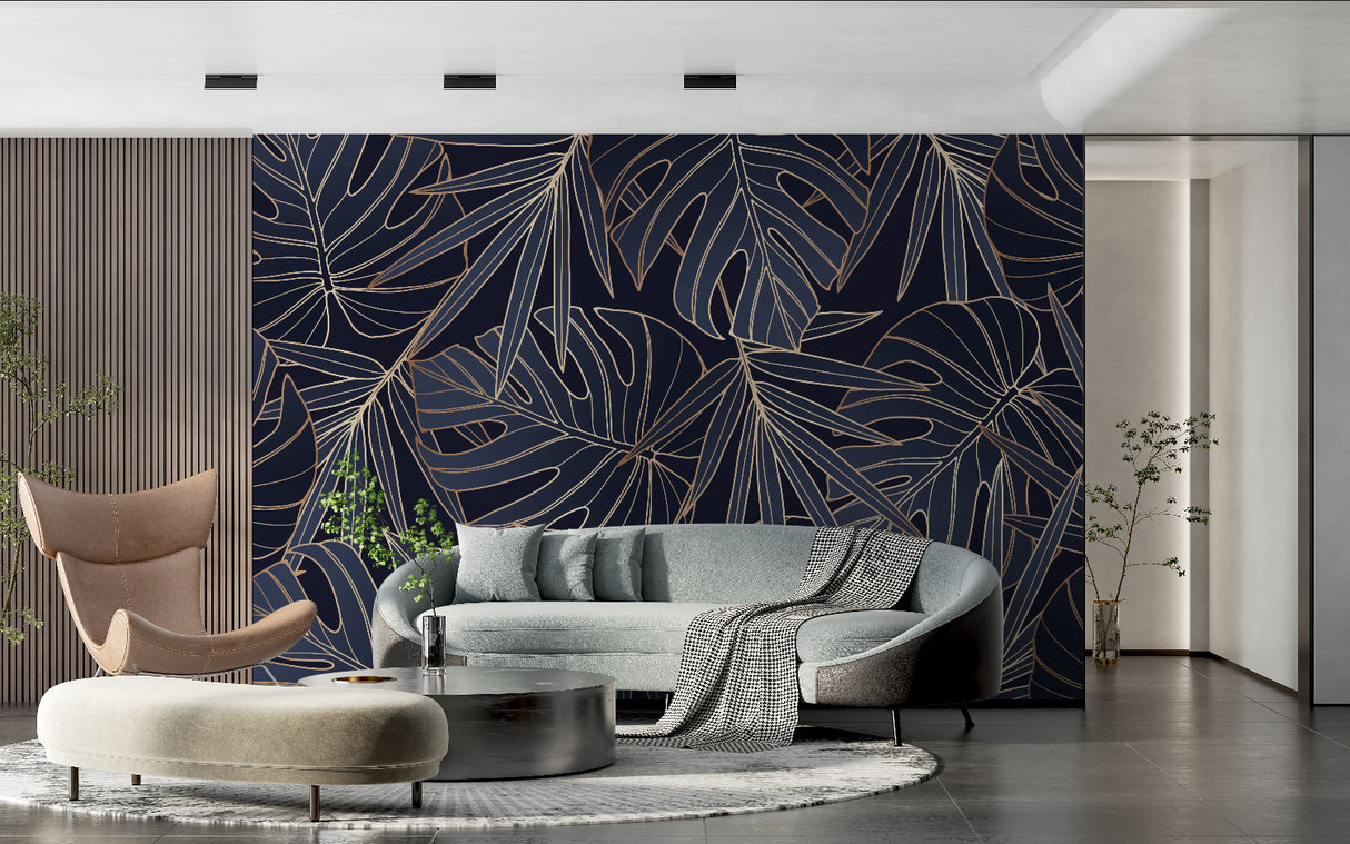 Modern dining room with Navy Blue and Gold Monstera Leaf Wallpaper creating an elegant atmosphere
