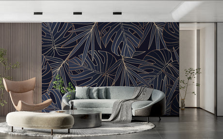 Modern dining room with Navy Blue and Gold Monstera Leaf Wallpaper creating an elegant atmosphere