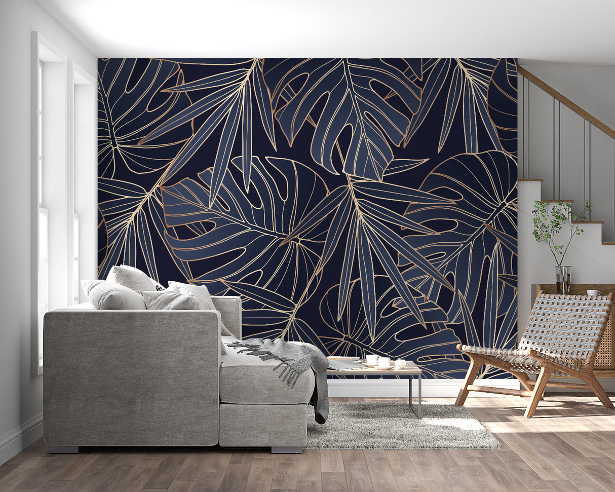Master bedroom featuring Gold Line Art Monstera Wallpaper on navy background