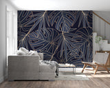 Master bedroom featuring Gold Line Art Monstera Wallpaper on navy background