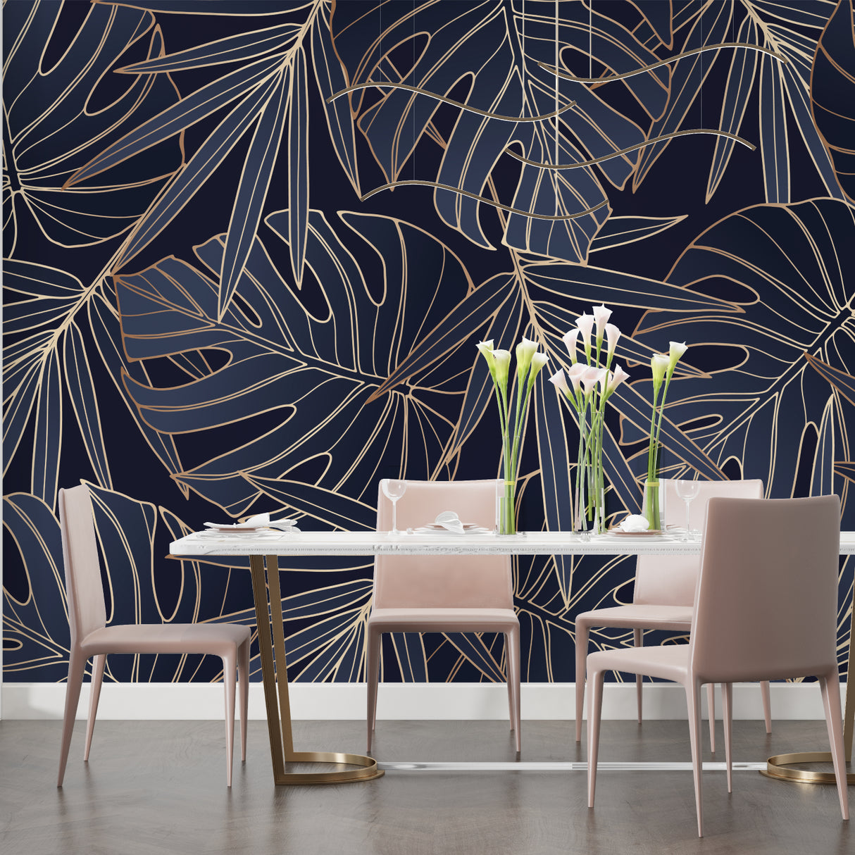 Home office with Navy and Gold Botanical Wallpaper showing clean lines