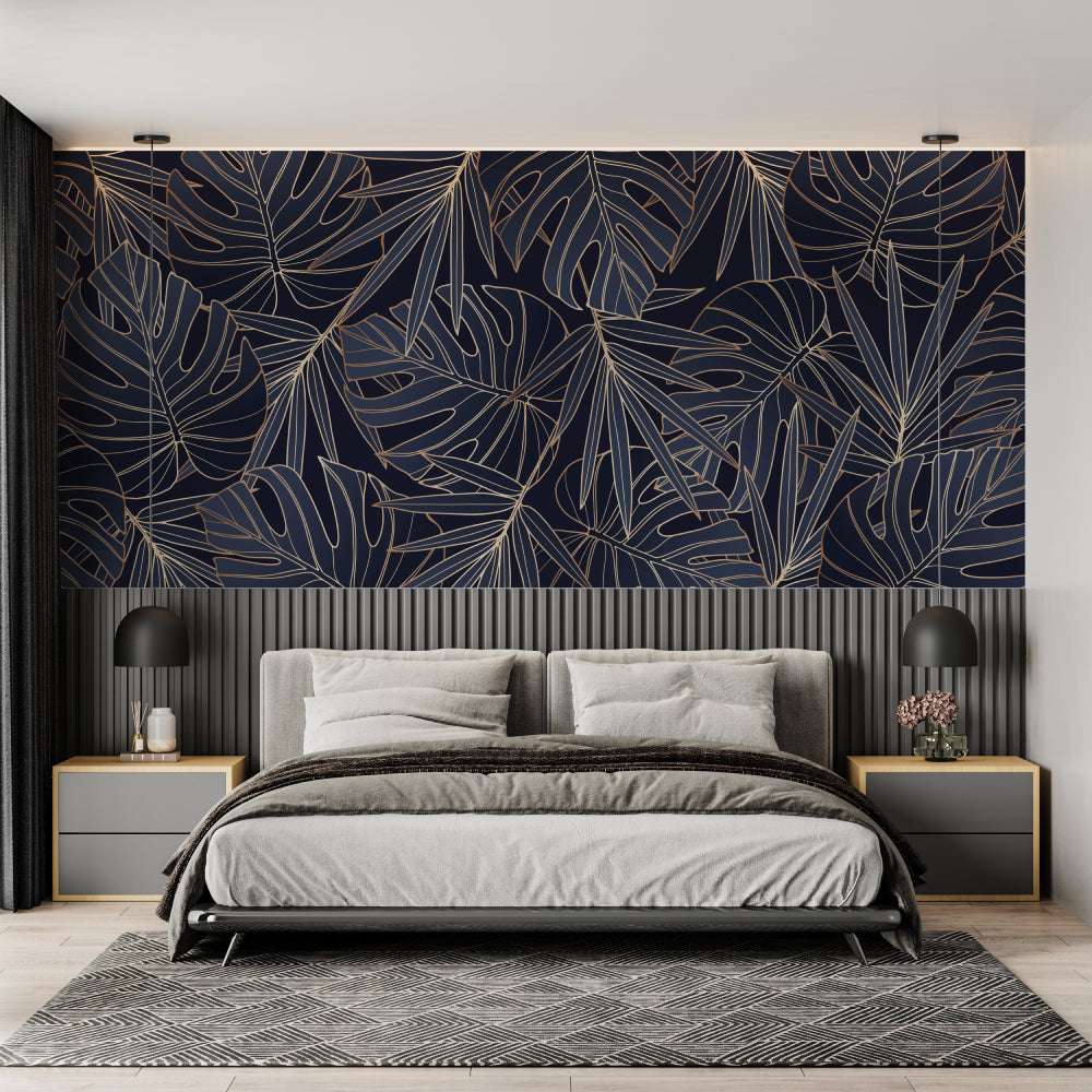 Living room accent wall with Gold Monstera Line Art on navy blue background
