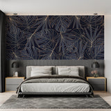 Living room accent wall with Gold Monstera Line Art on navy blue background