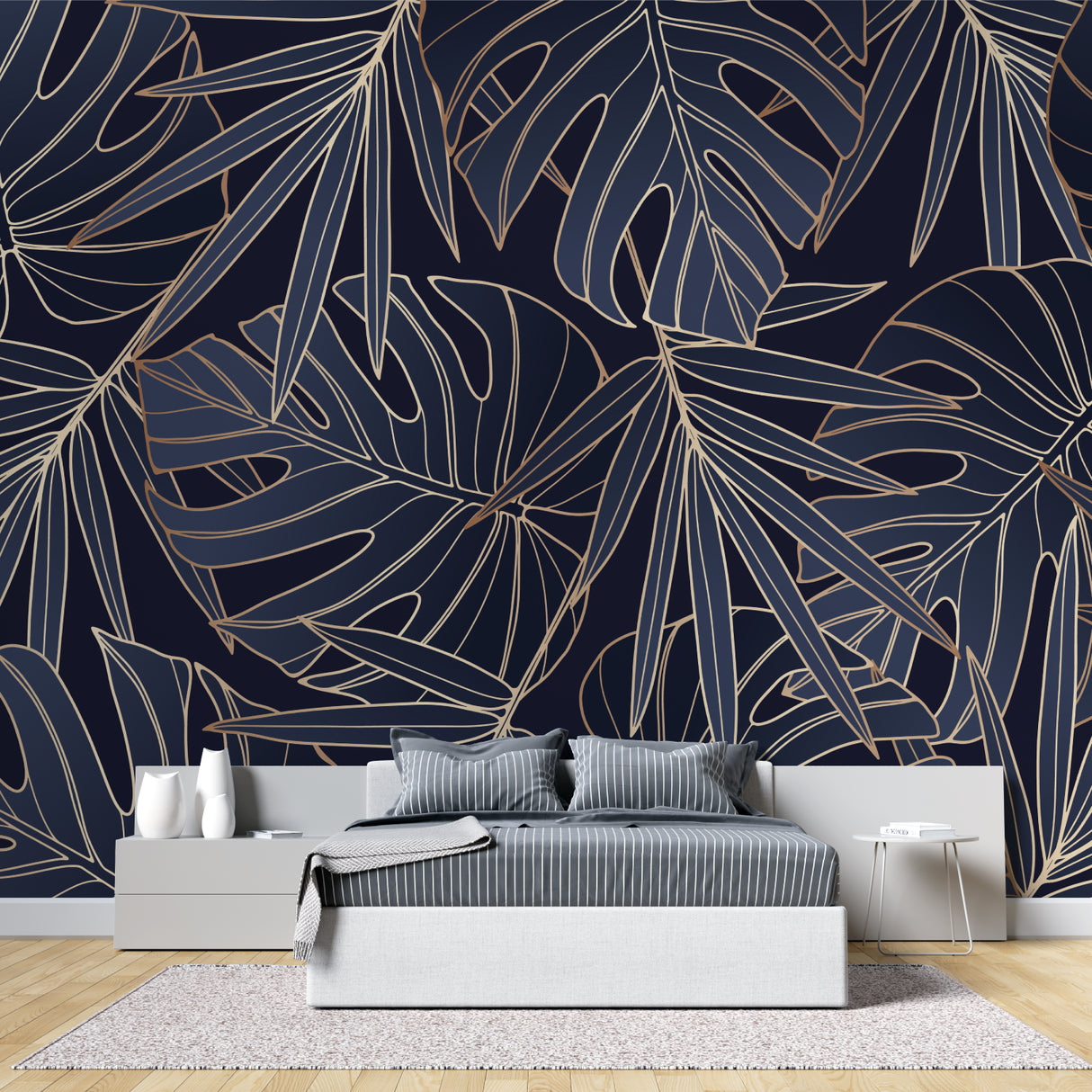 Luxury entryway showcasing Navy Blue Monstera Leaf Mural with gold details