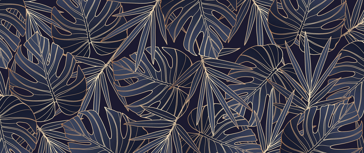 Gold Monstera Line Art design file on navy background showing intricate leaf pattern details