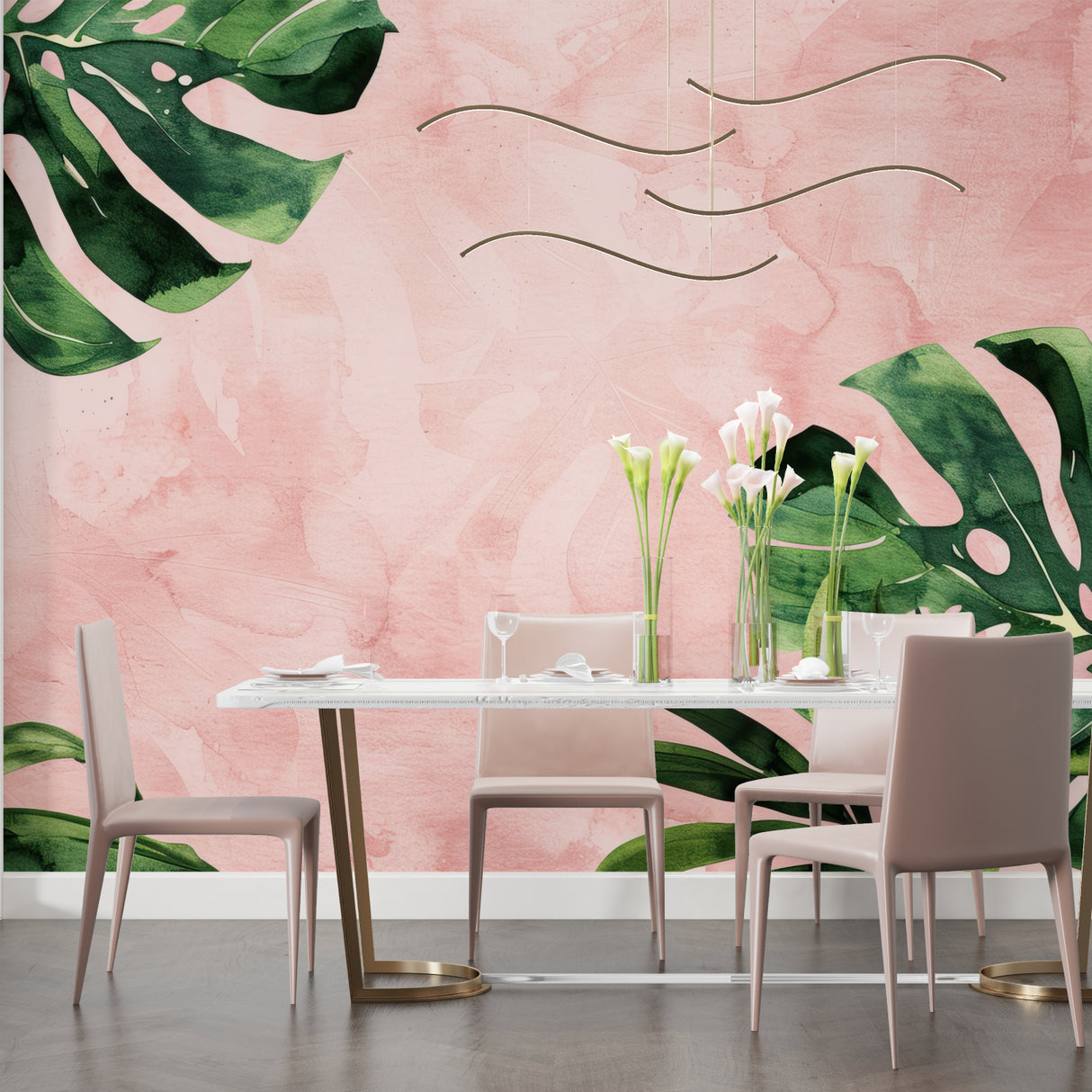 Entrance hall featuring modern botanical wallpaper with Monstera leaves