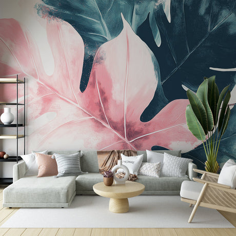 Modern bedroom with pink and teal Monstera leaf wallpaper creating a fresh tropical atmosphere