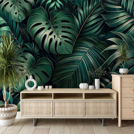 Monstera leaf wallpaper creating a cozy atmosphere in a modern living room with dark green tropical leaves against black