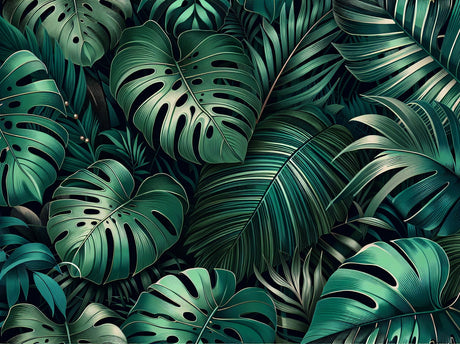 Monstera wallpaper design file showing detailed dark green tropical leaves pattern on black background