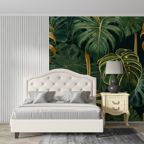 Modern living room with Monstera leaf wallpaper showing green and gold pattern