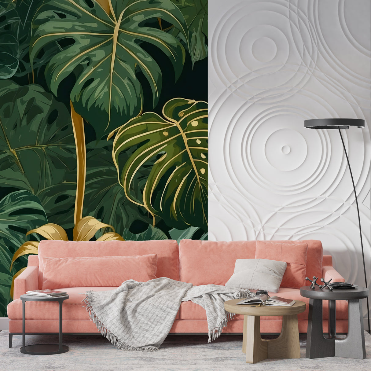 Dining area featuring tropical Monstera wallpaper with golden accents