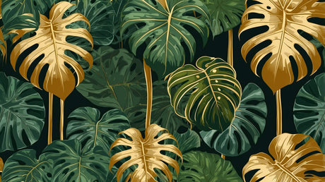 Monstera leaf wallpaper design file showing detailed green and gold pattern