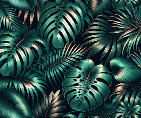 Tropical monstera wallpaper design file showing detailed green leaves and metallic gold accents on black