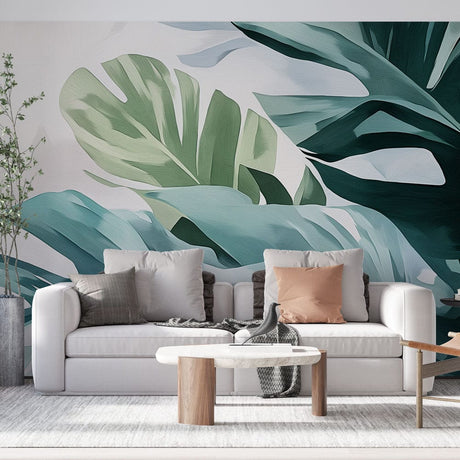 Modern living room featuring Monstera leaf wallpaper with sage green botanical pattern creating a fresh atmosphere