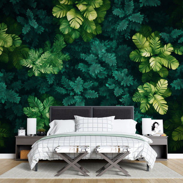 Modern living room featuring a Monstera leaf wallpaper mural creating a fresh tropical atmosphere