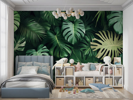 Monstera leaf wallpaper in modern living room showing deep green botanical pattern
