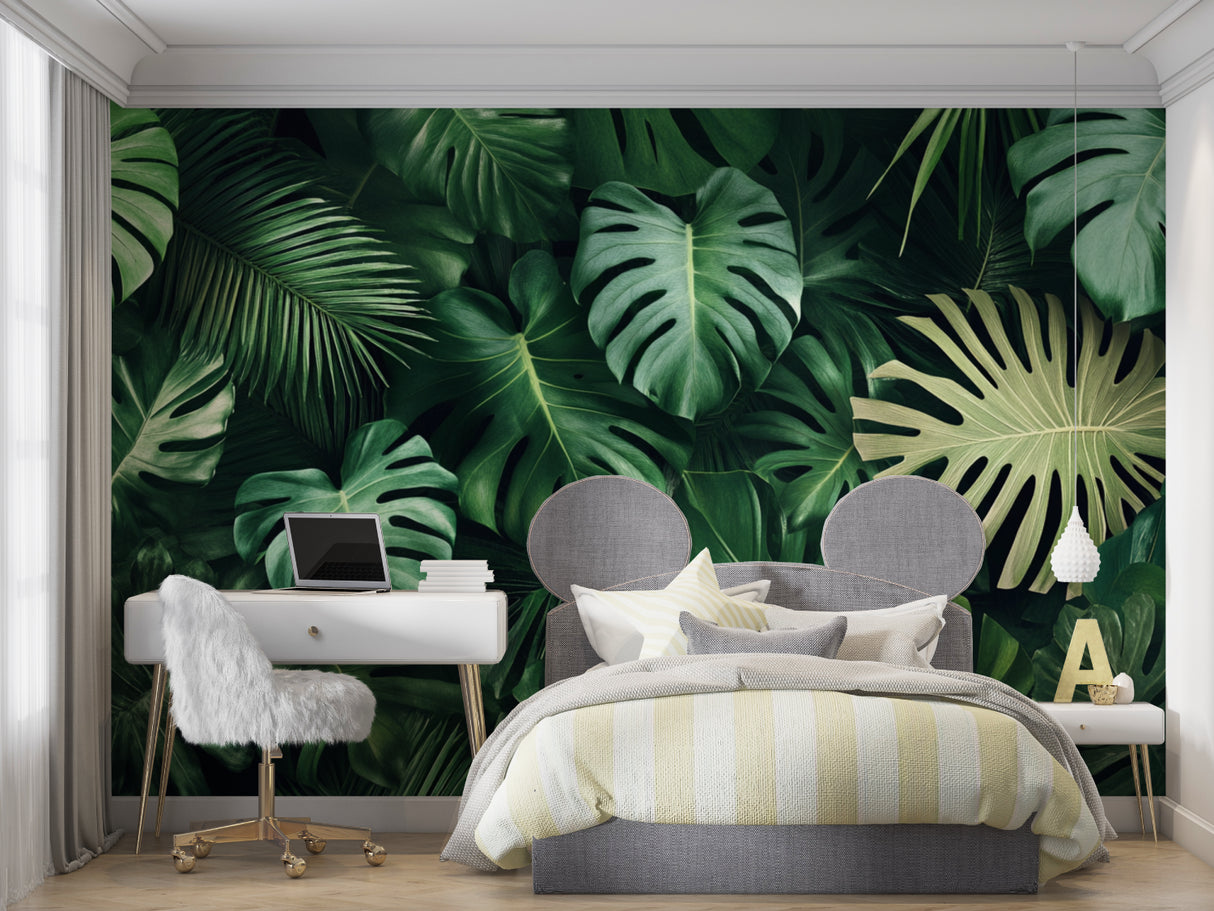 Tropical leaf mural creating fresh atmosphere in bedroom setting