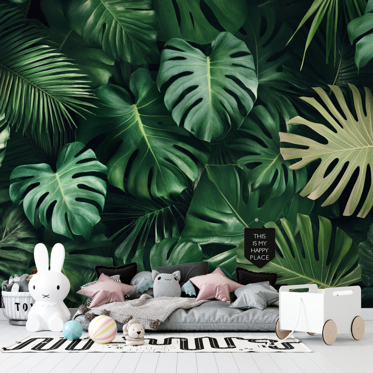 Green monstera wallpaper brightening home office space