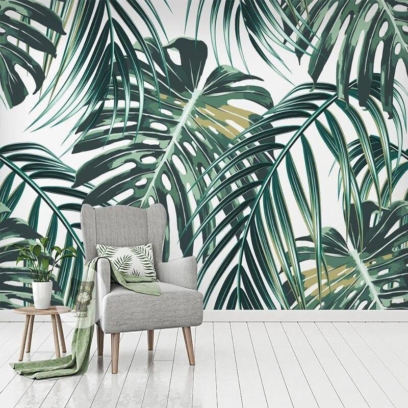 Tropical green wall mural in cozy bedroom creating peaceful atmosphere