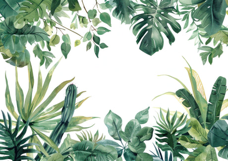 Design file showing detailed Monstera leaves and cactus pattern on white background