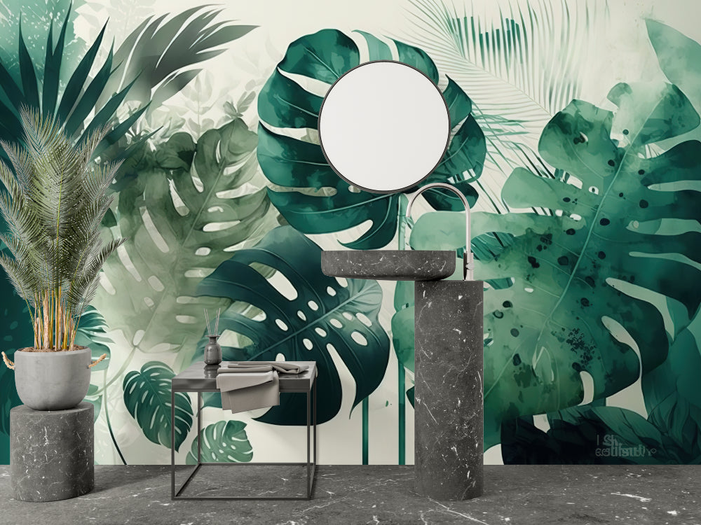 Monstera leaf wallpaper in modern living room showing large tropical leaves against white sofa