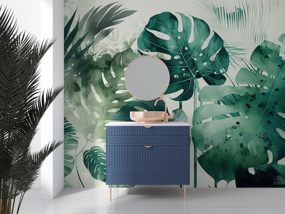 Botanical wall mural featuring monstera leaves in minimalist dining space