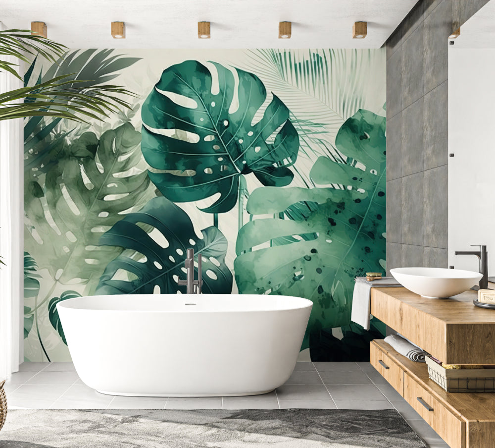Green monstera wallpaper creating tropical atmosphere in master bedroom