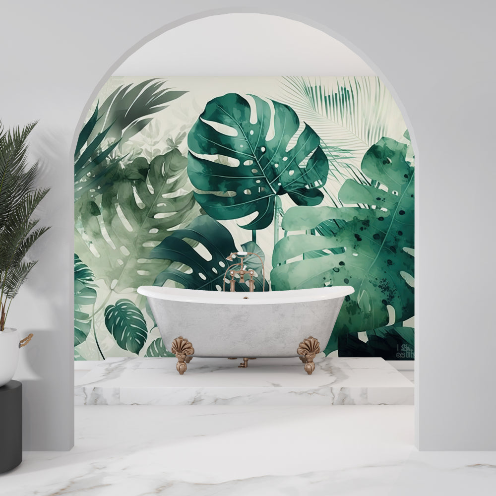 Tropical monstera leaf pattern transforming home office space with natural vibes