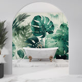Tropical monstera leaf pattern transforming home office space with natural vibes